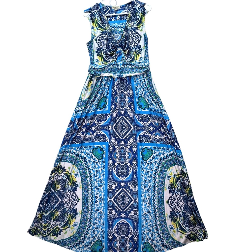 One World Maxi Dress Womens Medium Blue Paisley Medallion Boho Sleeveless V-Neck